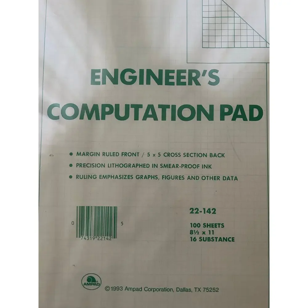 NEW AMPAD ENGINEER'S COMPUTATION GRID GRAPH SQUARE PAPER 100 SHEETS 8 1/2 × 11